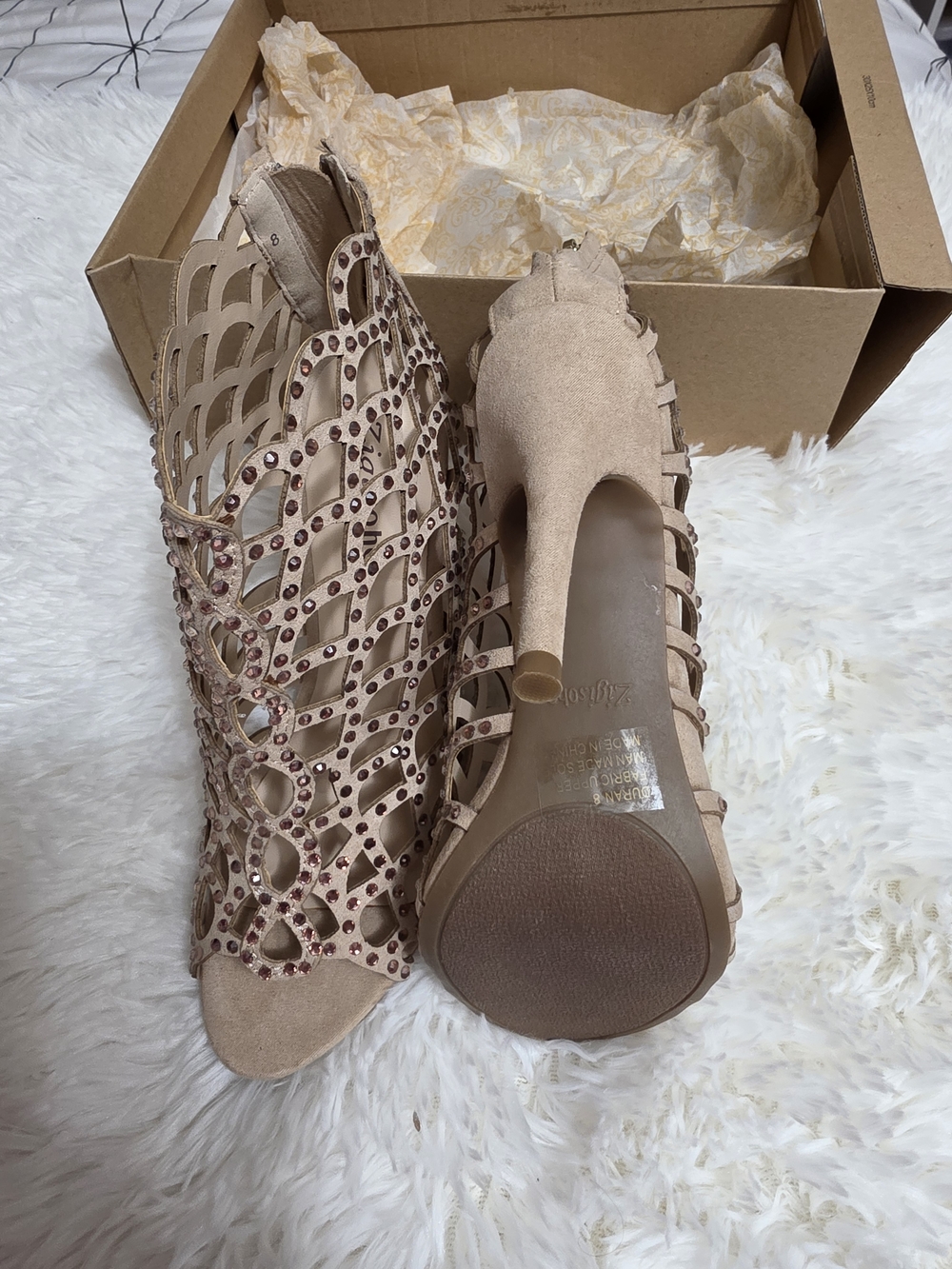Zigi Soho Blush Laser-Cut Open-Toe Heels with Rhinestone Trim